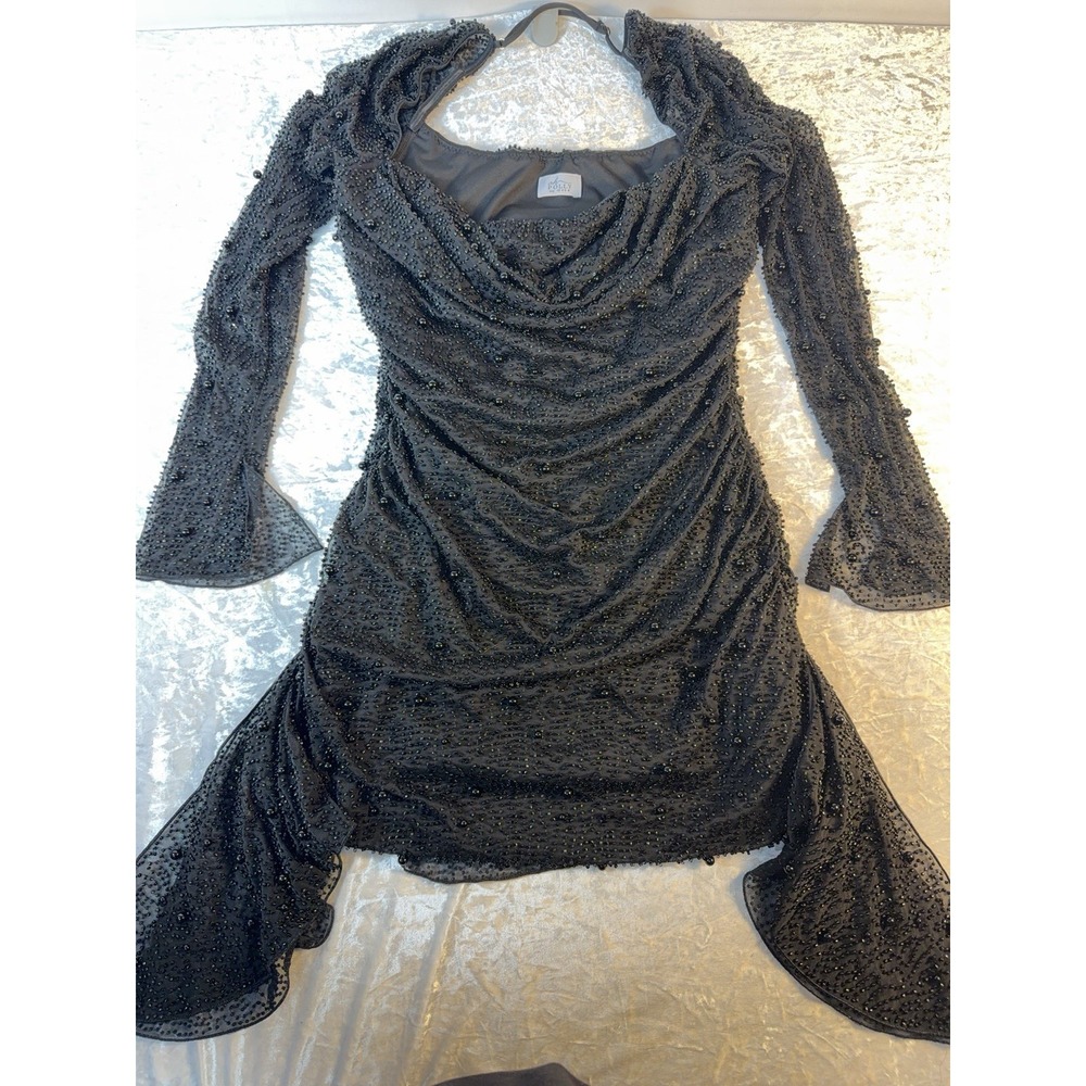Oh Polly Dress Womens US 8 Black Beaded Pearl Mesh Ruched Y2K Mini Party